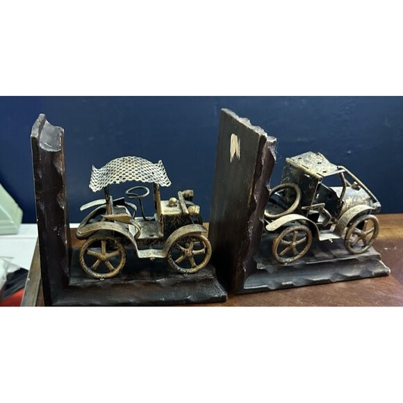 Vintage Wooden Bookends with Metal Sculptured Cars dark wooden base - Picture 4 of 11